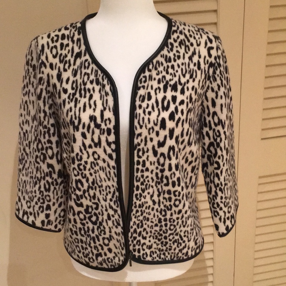 Leather trim wool animal print zip front  jacket